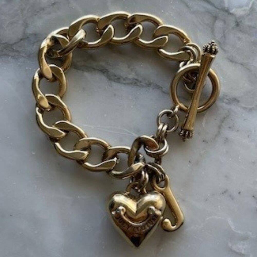 Juicy Couture gold tone Puffy heart J charm toggle bracelet 7.5"